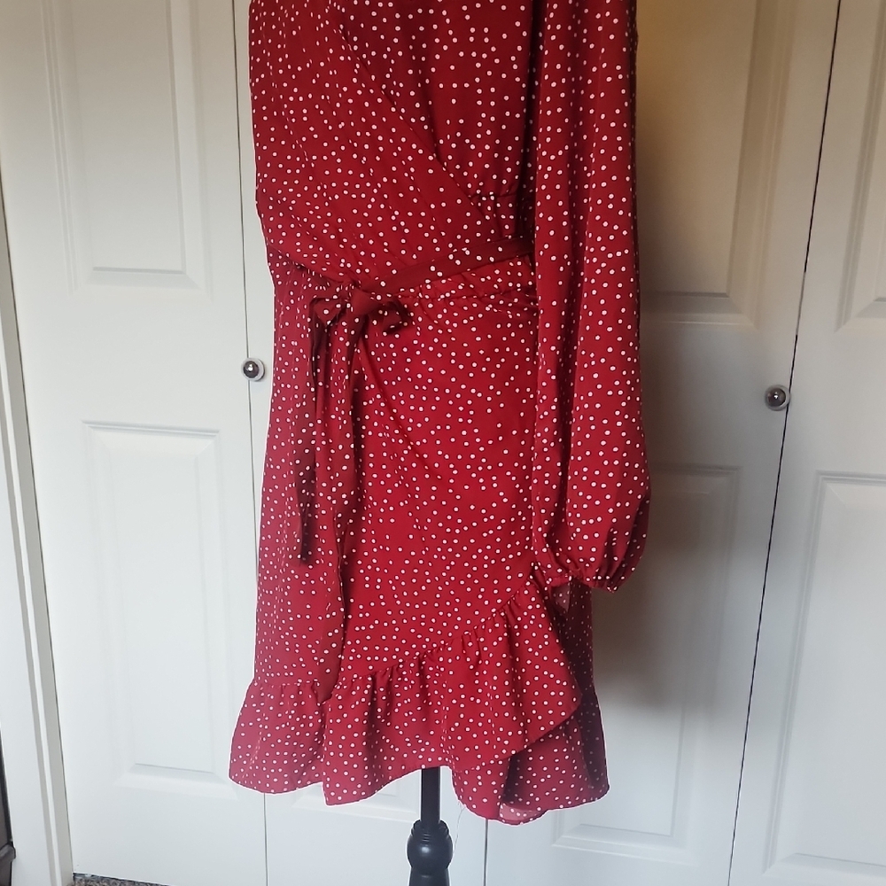 Red Polka Dot Long-Sleeve Wrap Dress with Tie Waist Asymetrical Ruffle Hemline